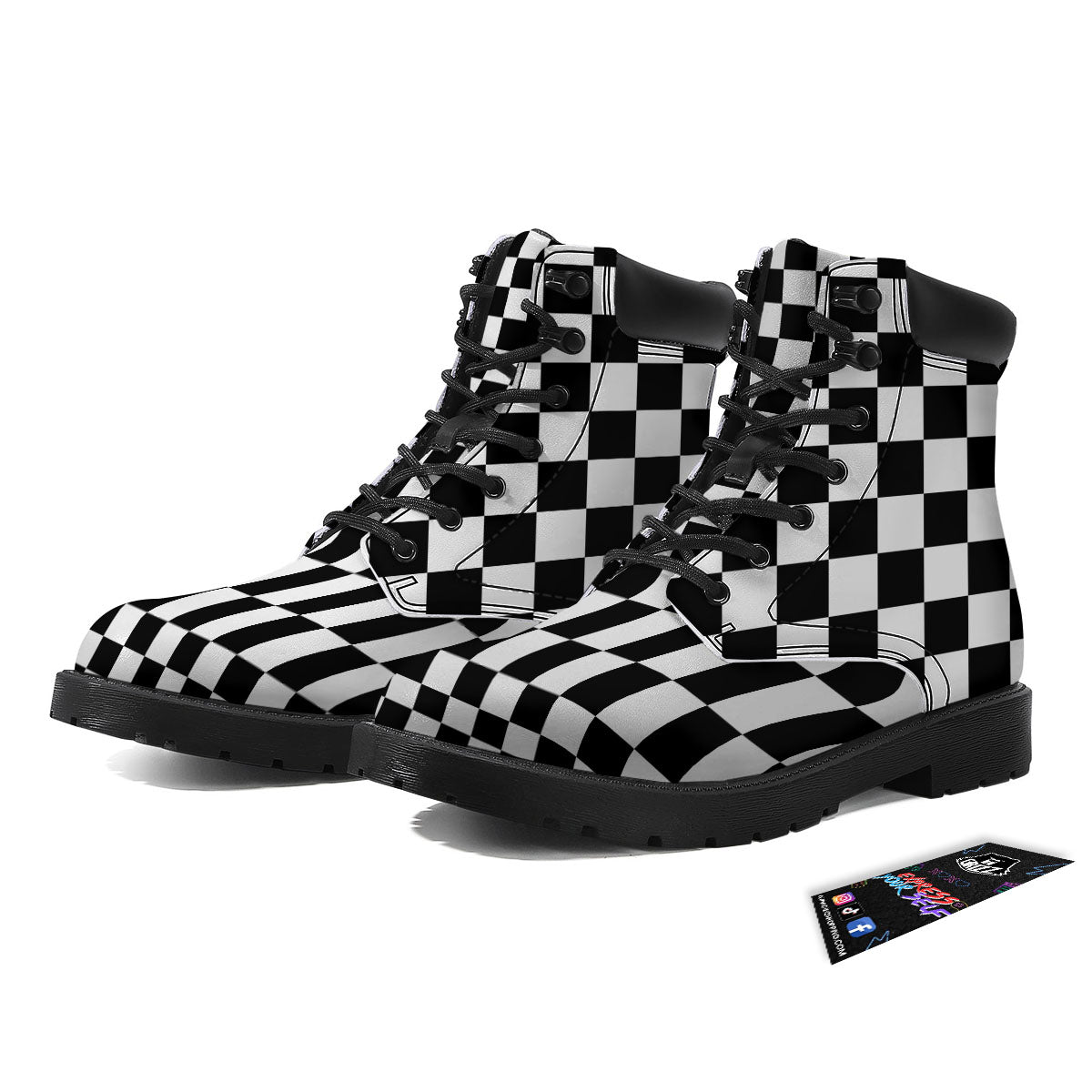 Checkered White And Black Print Pattern Boots-grizzshop