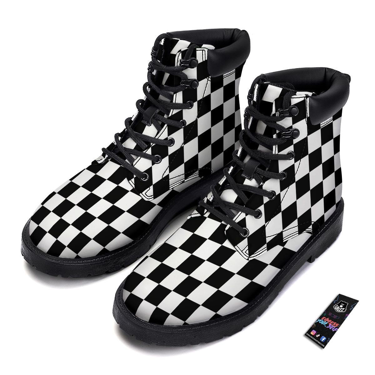 Checkered White And Black Print Pattern Boots-grizzshop