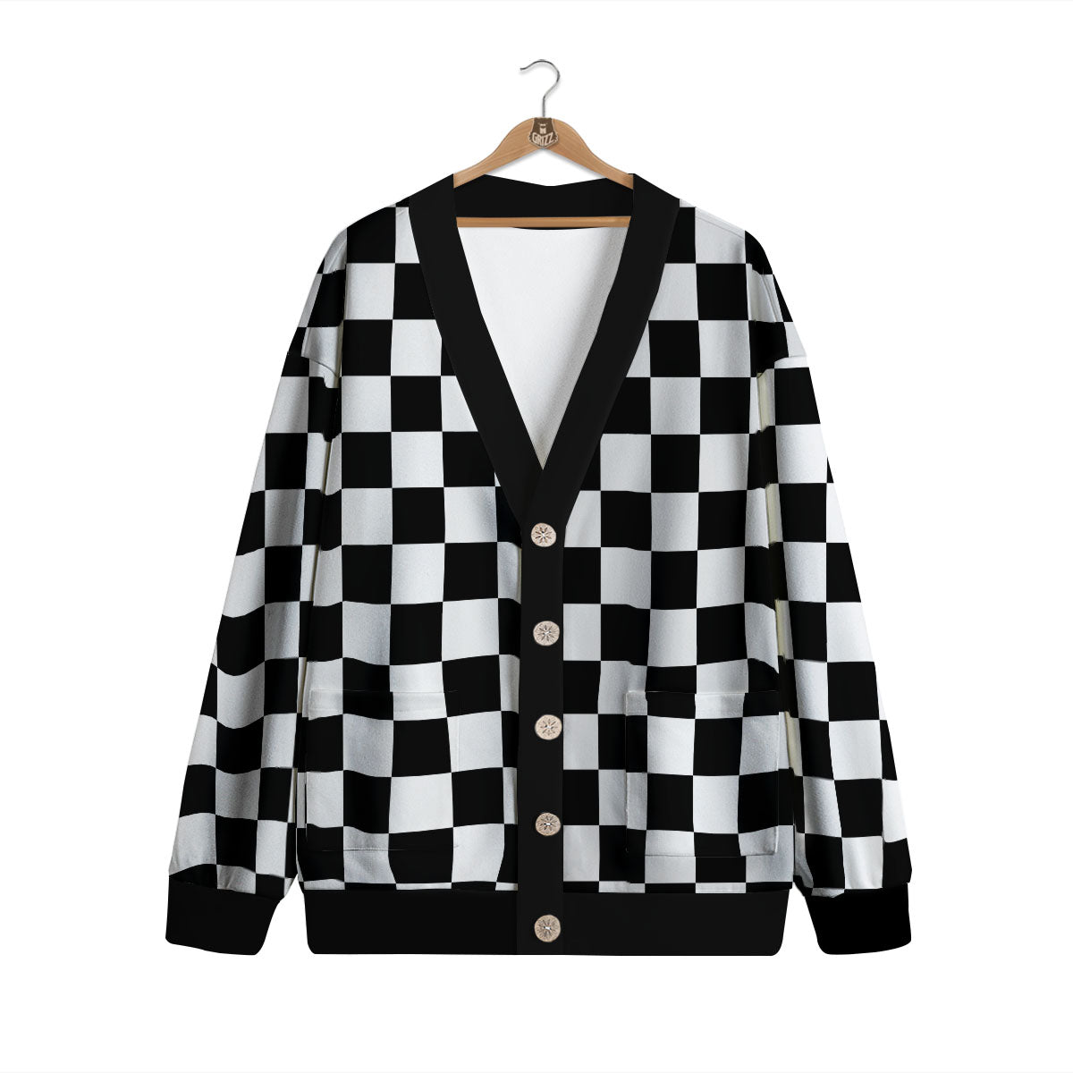 Checkered White And Black Print Pattern Cardigan-grizzshop
