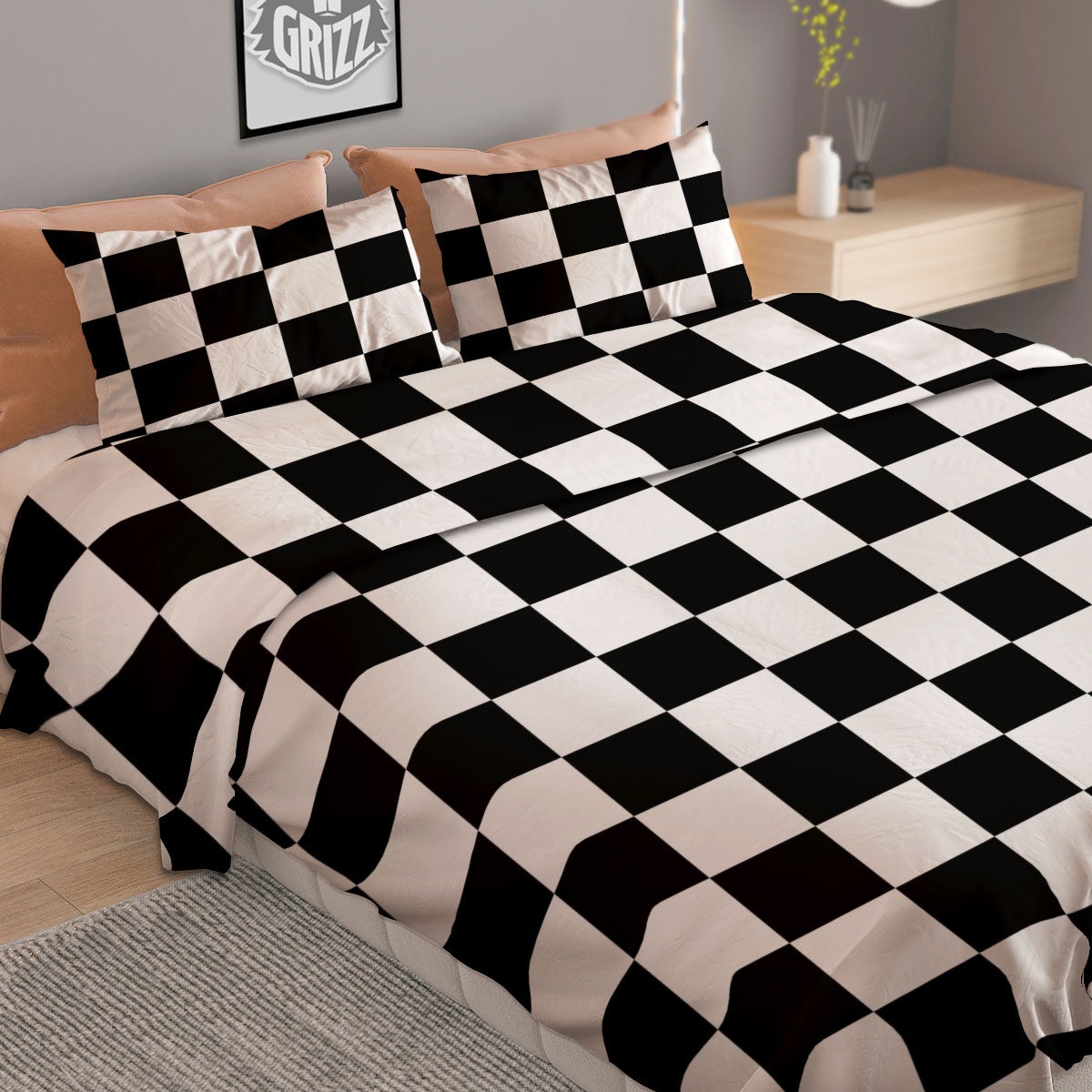 Checkered White And Black Print Pattern Duvet Cover Bedding Set
