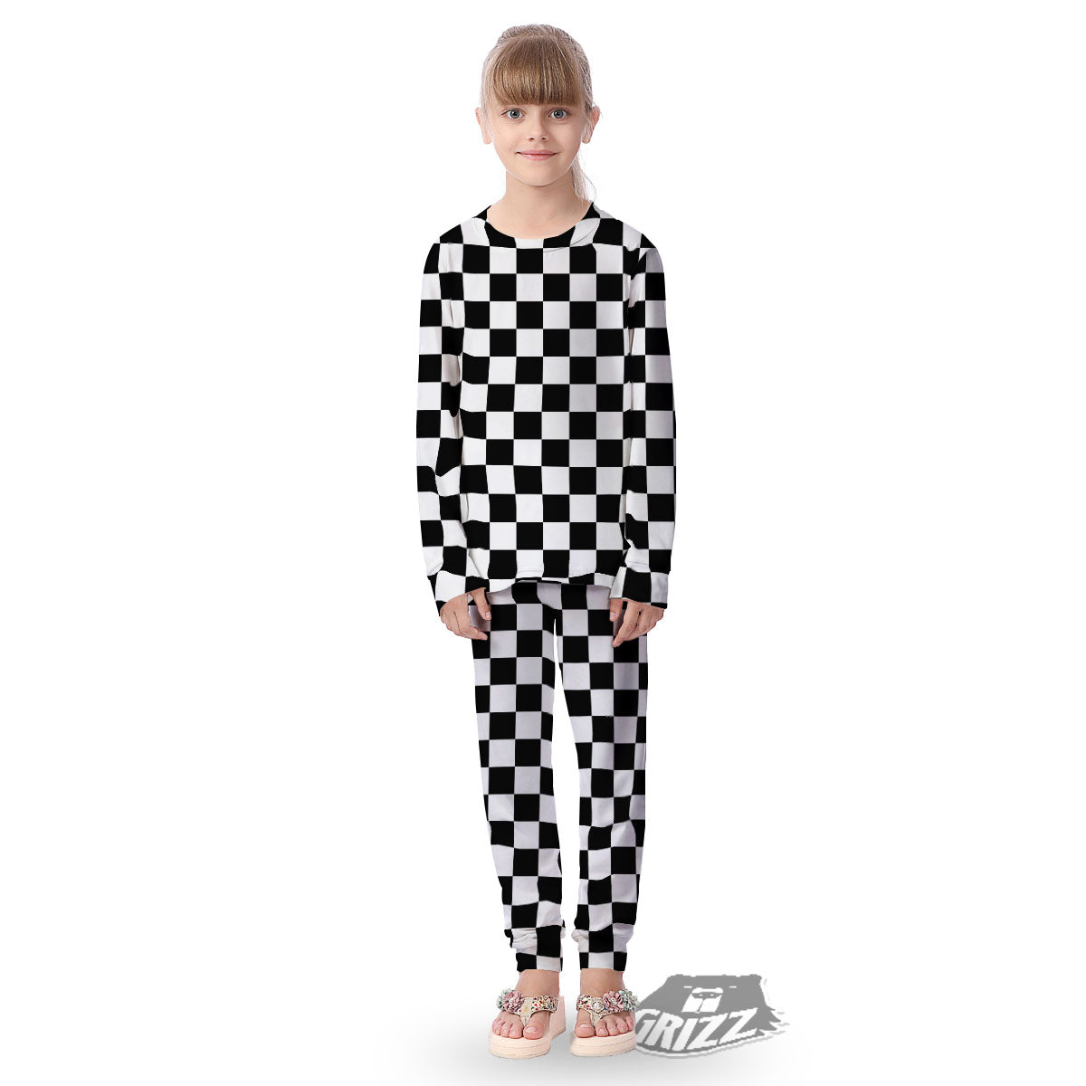 Checkered White And Black Print Pattern Kid's Pajamas-grizzshop