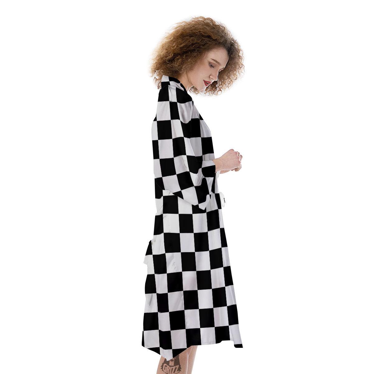 Checkered White And Black Print Pattern Kimono-grizzshop