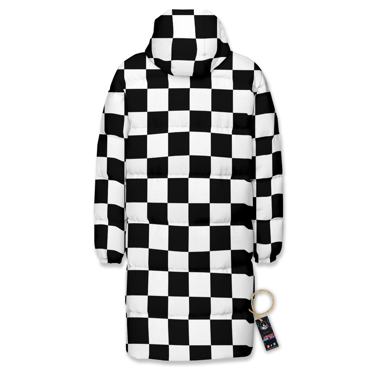 Checkered White And Black Print Pattern Long Down Jacket-grizzshop