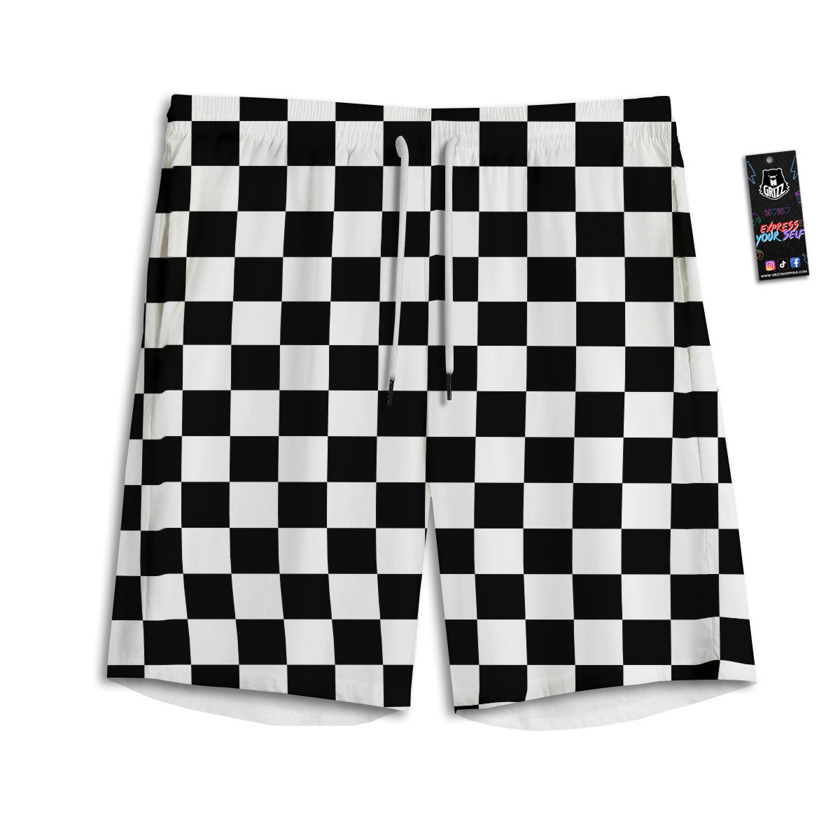 Checkered White And Black Print Pattern Men's Athletic Shorts
