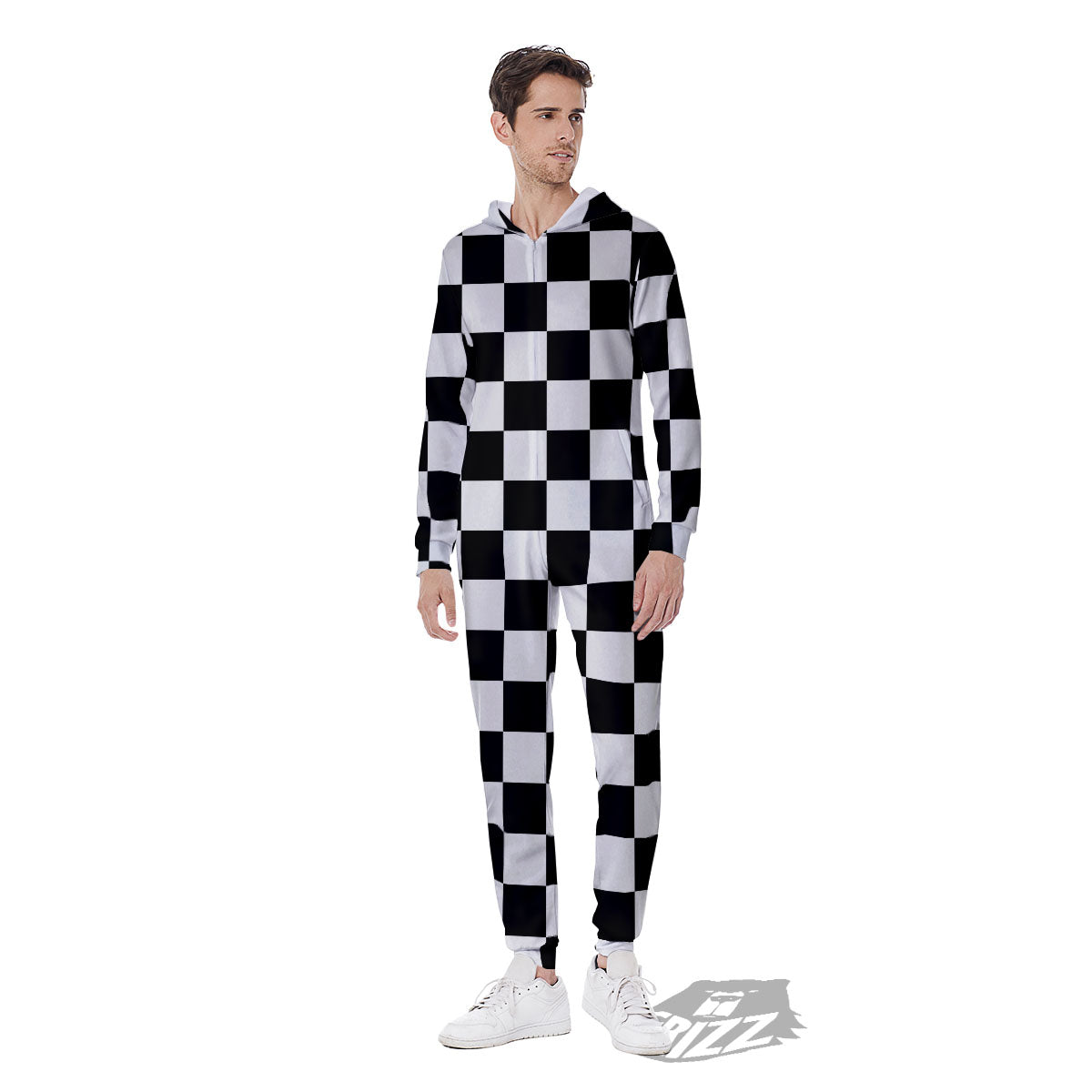 Checkered White And Black Print Pattern Men's Jumpsuit-grizzshop