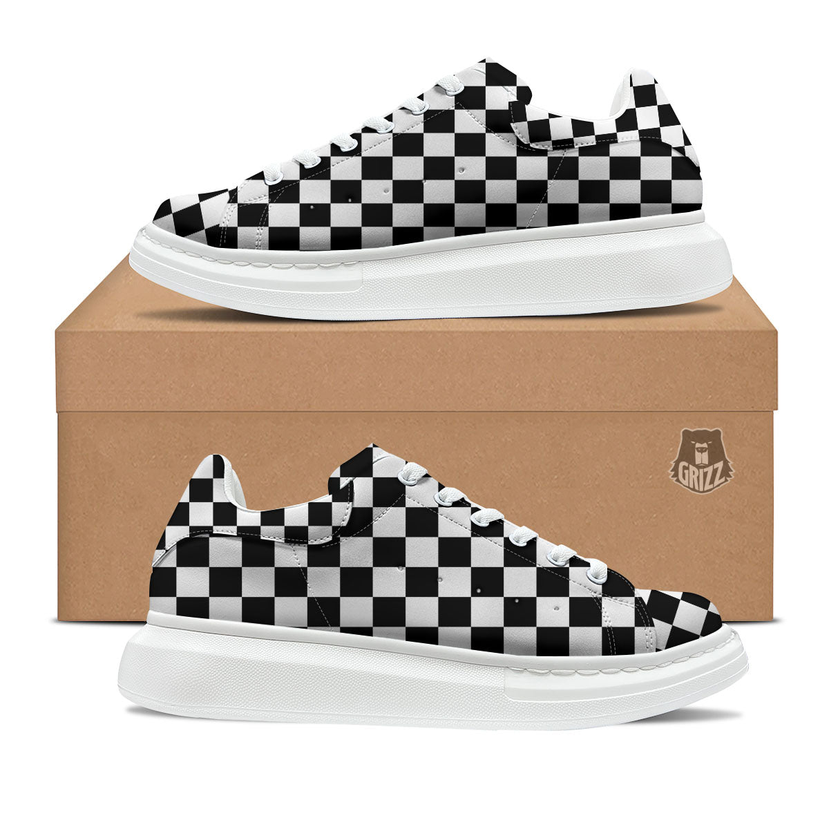 Checkered White And Black Print Pattern Platform Shoes-grizzshop