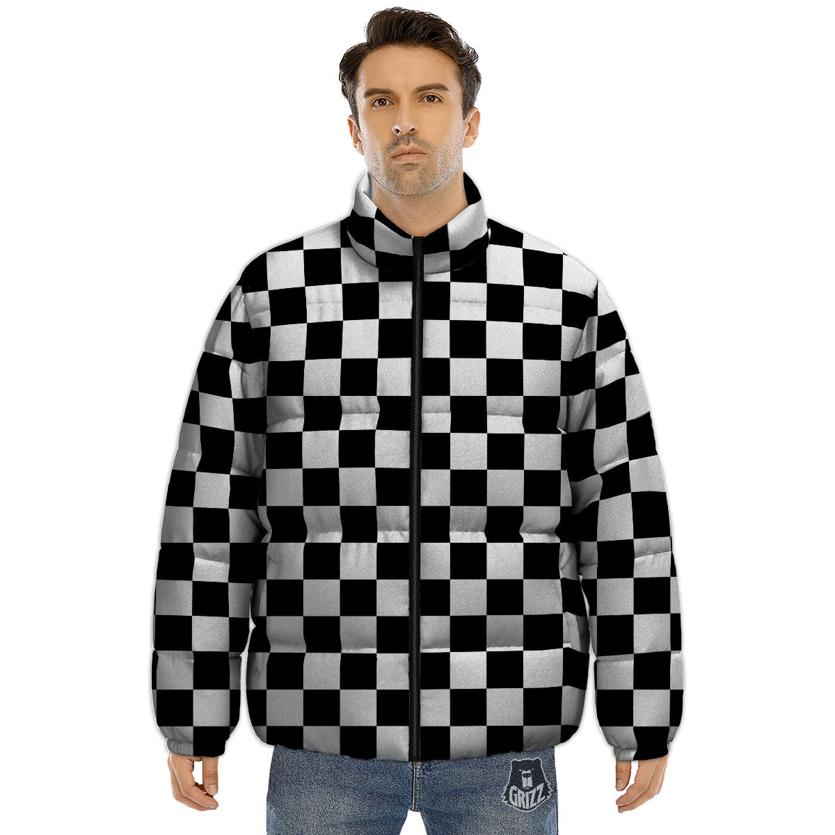 Checkered White And Black Print Pattern Puffer Jacket-grizzshop