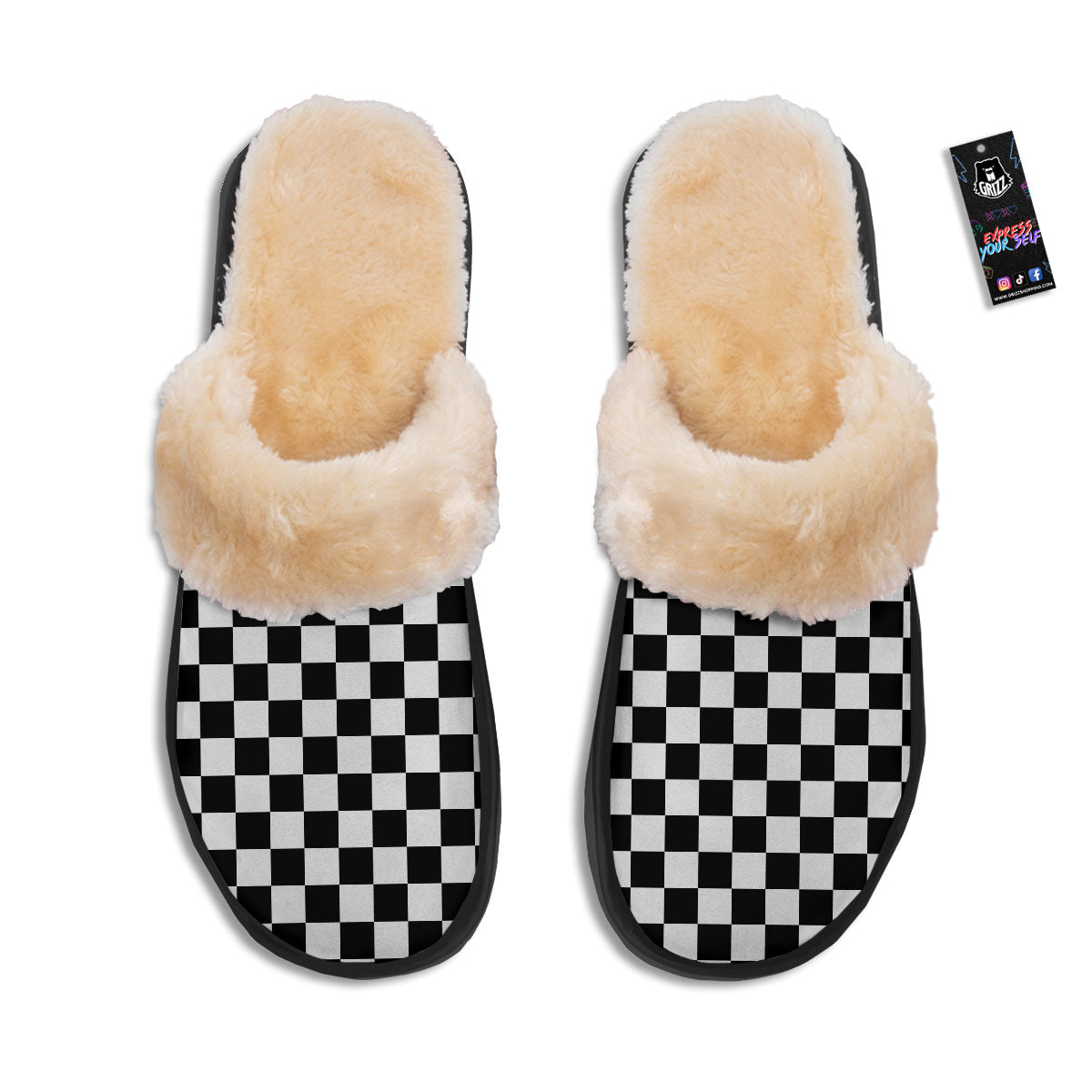 Checkered White And Black Print Pattern Slippers-grizzshop