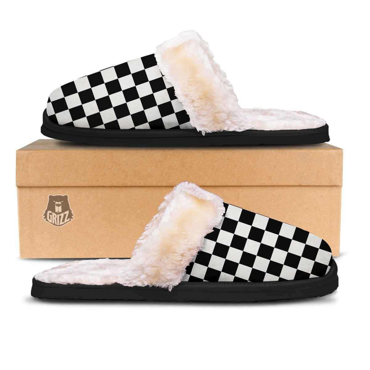 Checkered White And Black Print Pattern Slippers-grizzshop