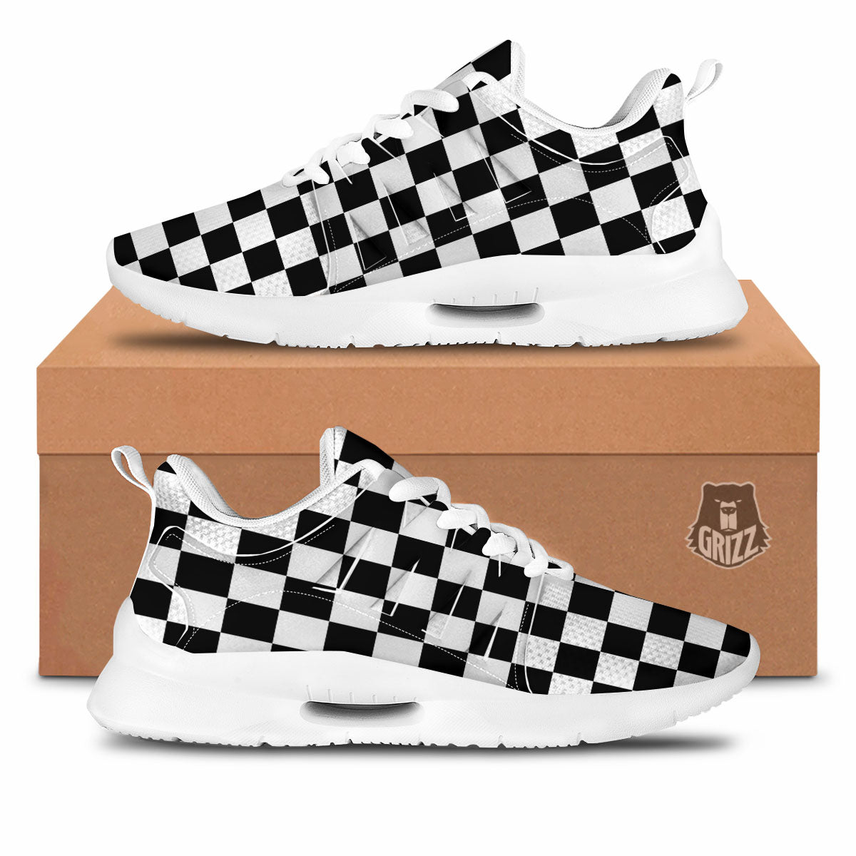 Checkered White And Black Print Pattern Tennis Shoes-grizzshop