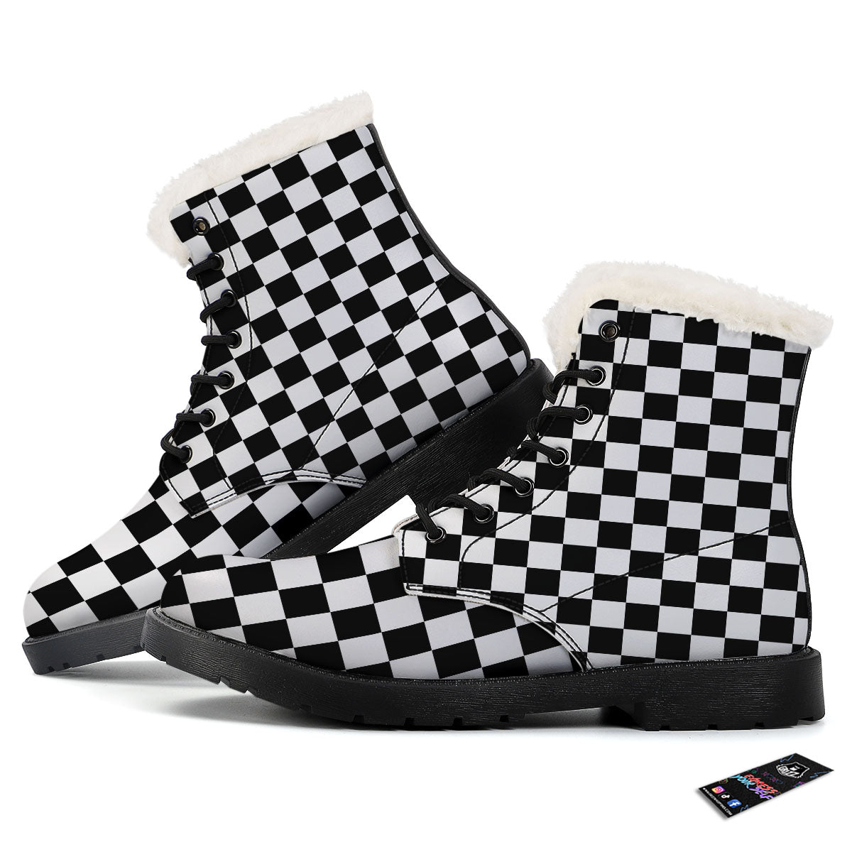 Checkered White And Black Print Pattern Winter Boots-grizzshop