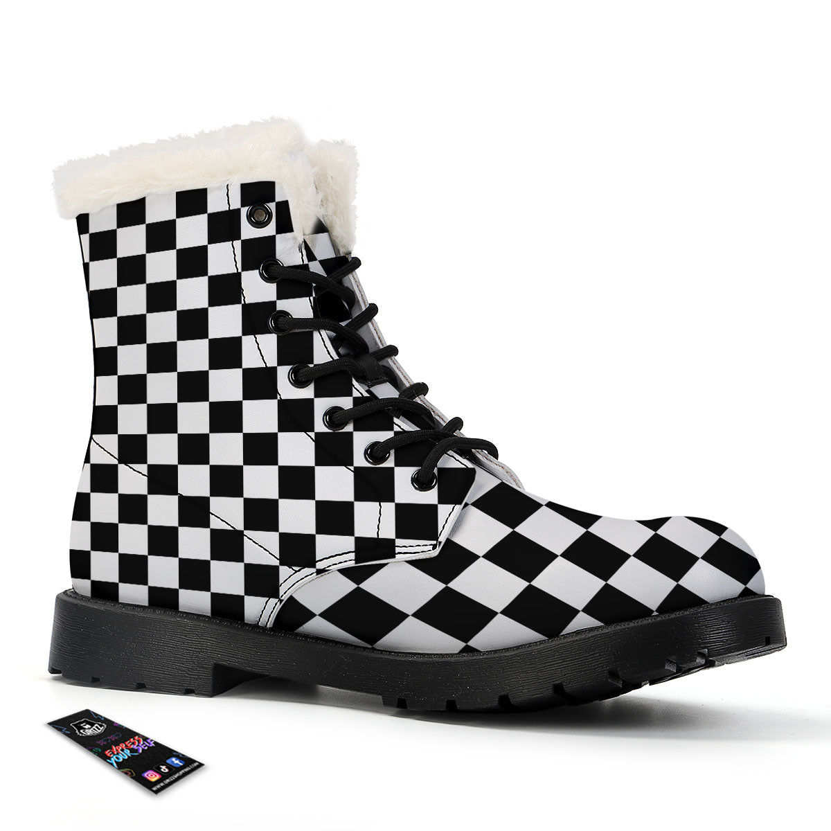 Checkered White And Black Print Pattern Winter Boots-grizzshop