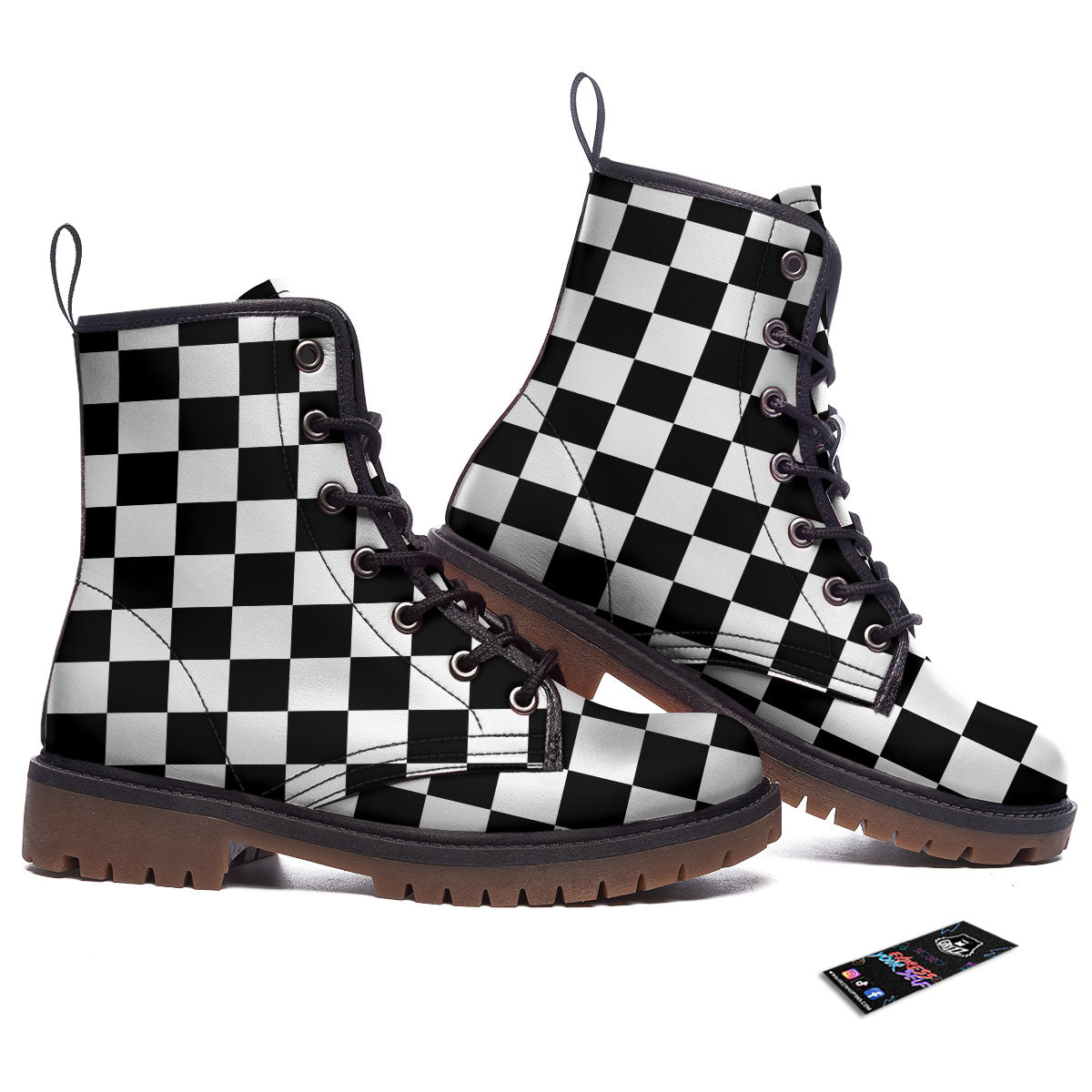 Checkered White And Black Print Pattern Work Boots-grizzshop