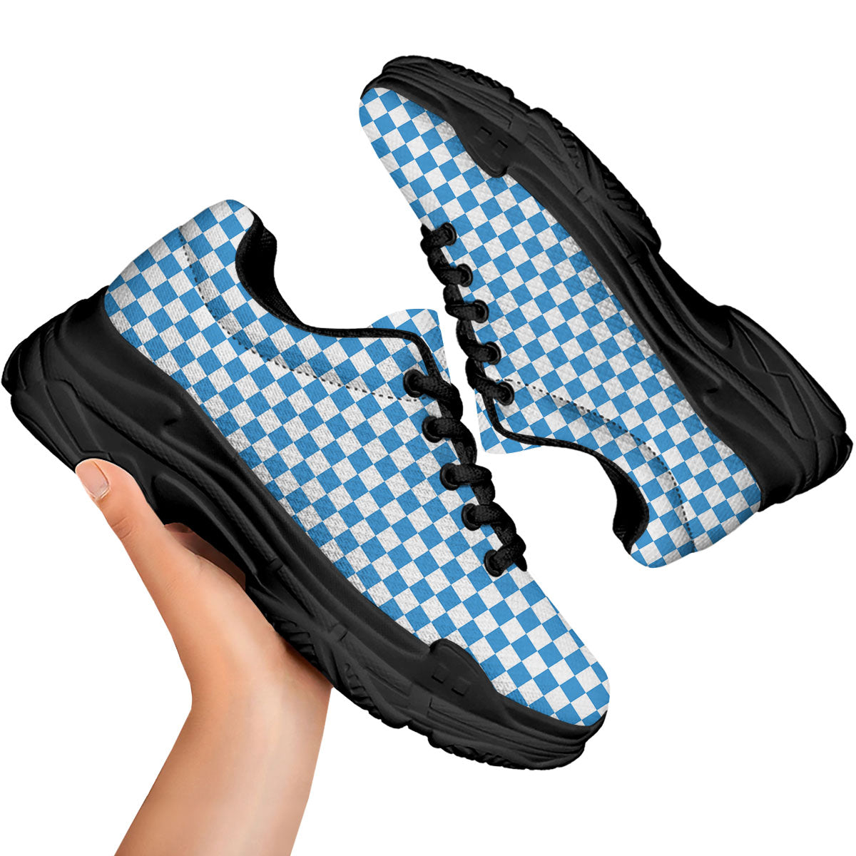 Checkered White And Blue Print Pattern Black Chunky Shoes-grizzshop