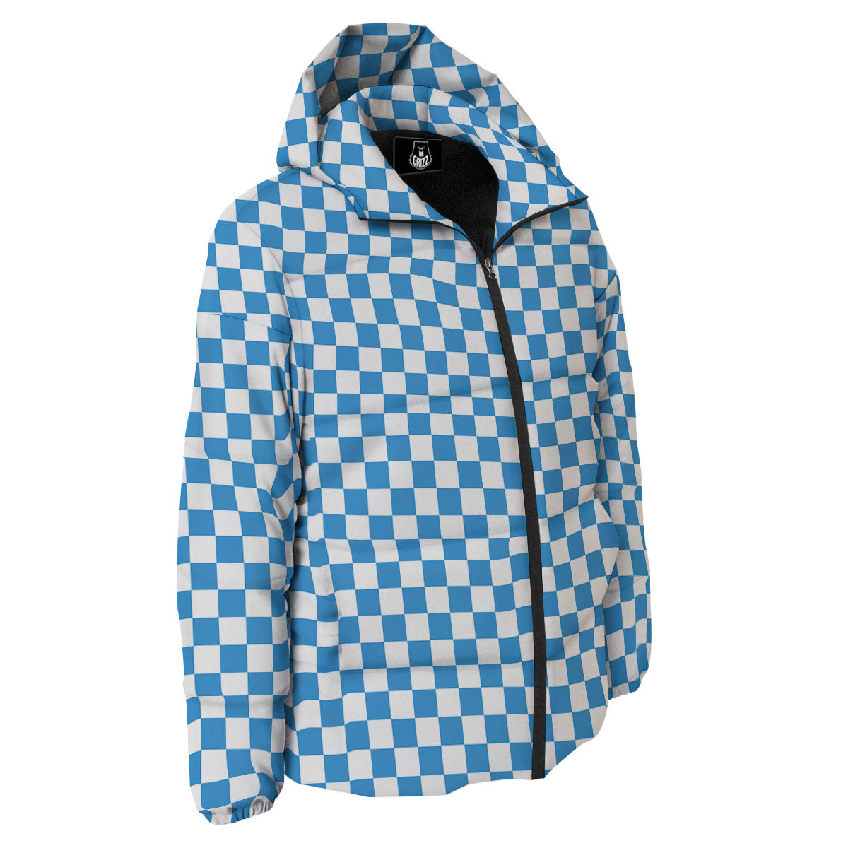 Checkered White And Blue Print Pattern Down Jacket-grizzshop