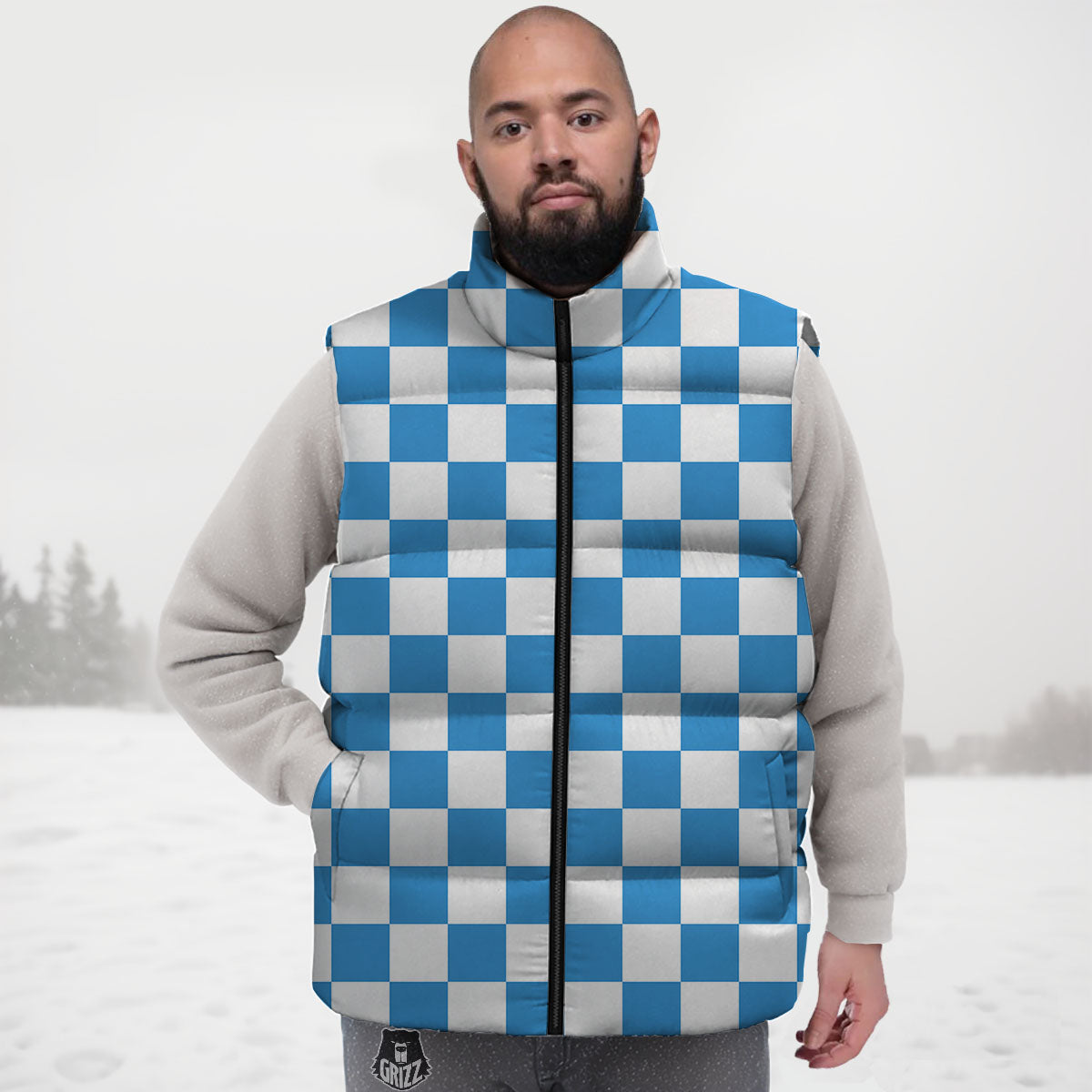 Checkered White And Blue Print Pattern Down Vest