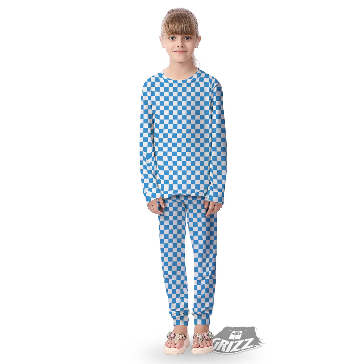 Checkered White And Blue Print Pattern Kid's Pajamas-grizzshop