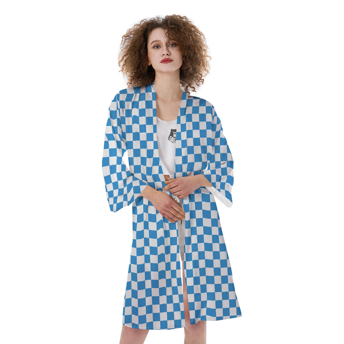 Checkered White And Blue Print Pattern Kimono-grizzshop