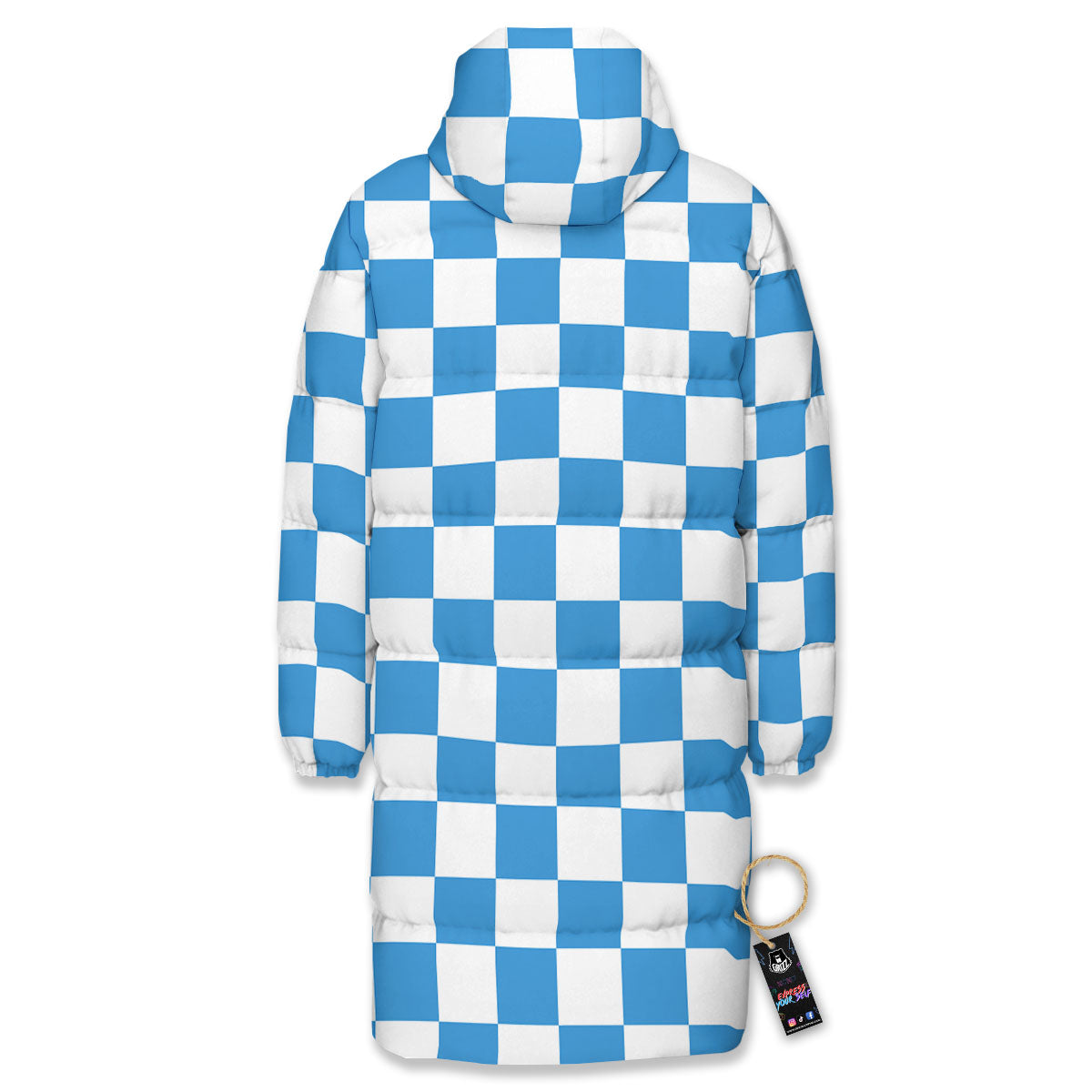 Checkered White And Blue Print Pattern Long Down Jacket-grizzshop
