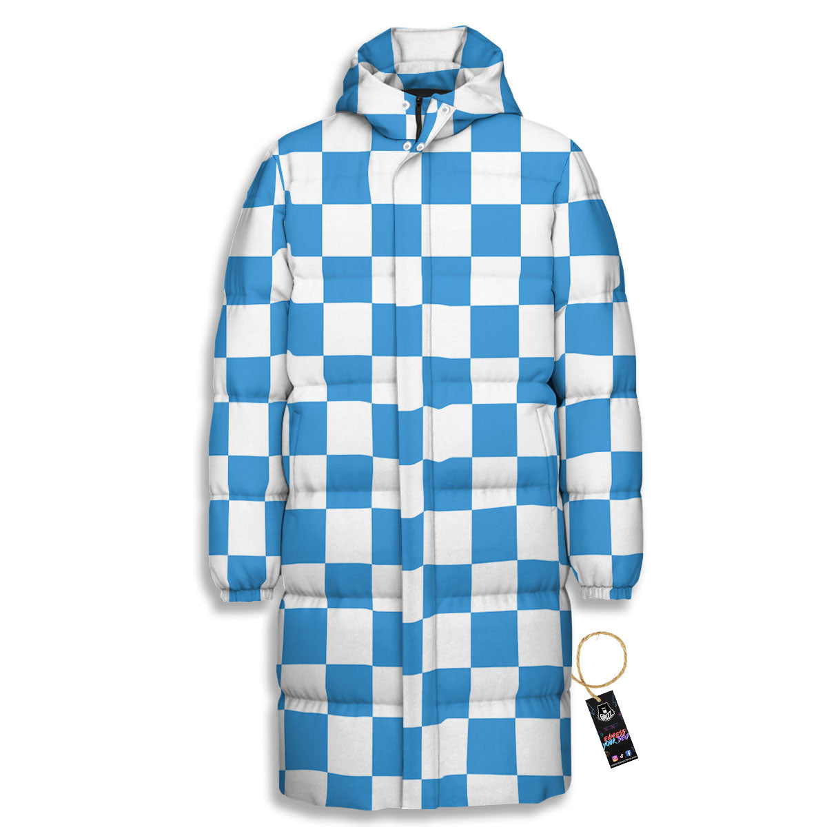 Checkered White And Blue Print Pattern Long Down Jacket-grizzshop