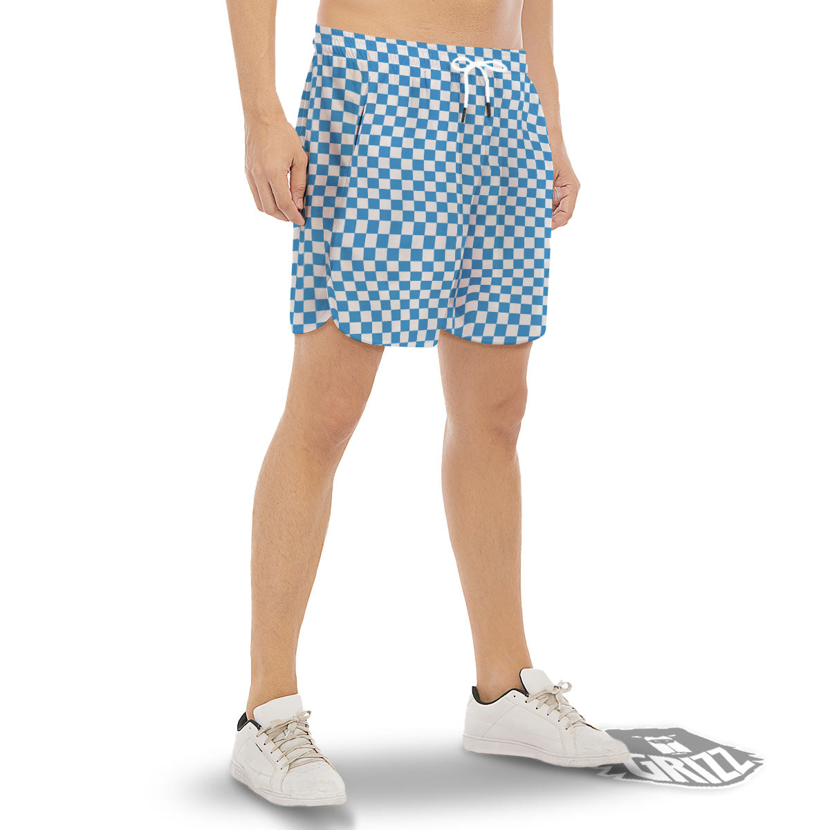 Checkered White And Blue Print Pattern Men's Gym Shorts-grizzshop
