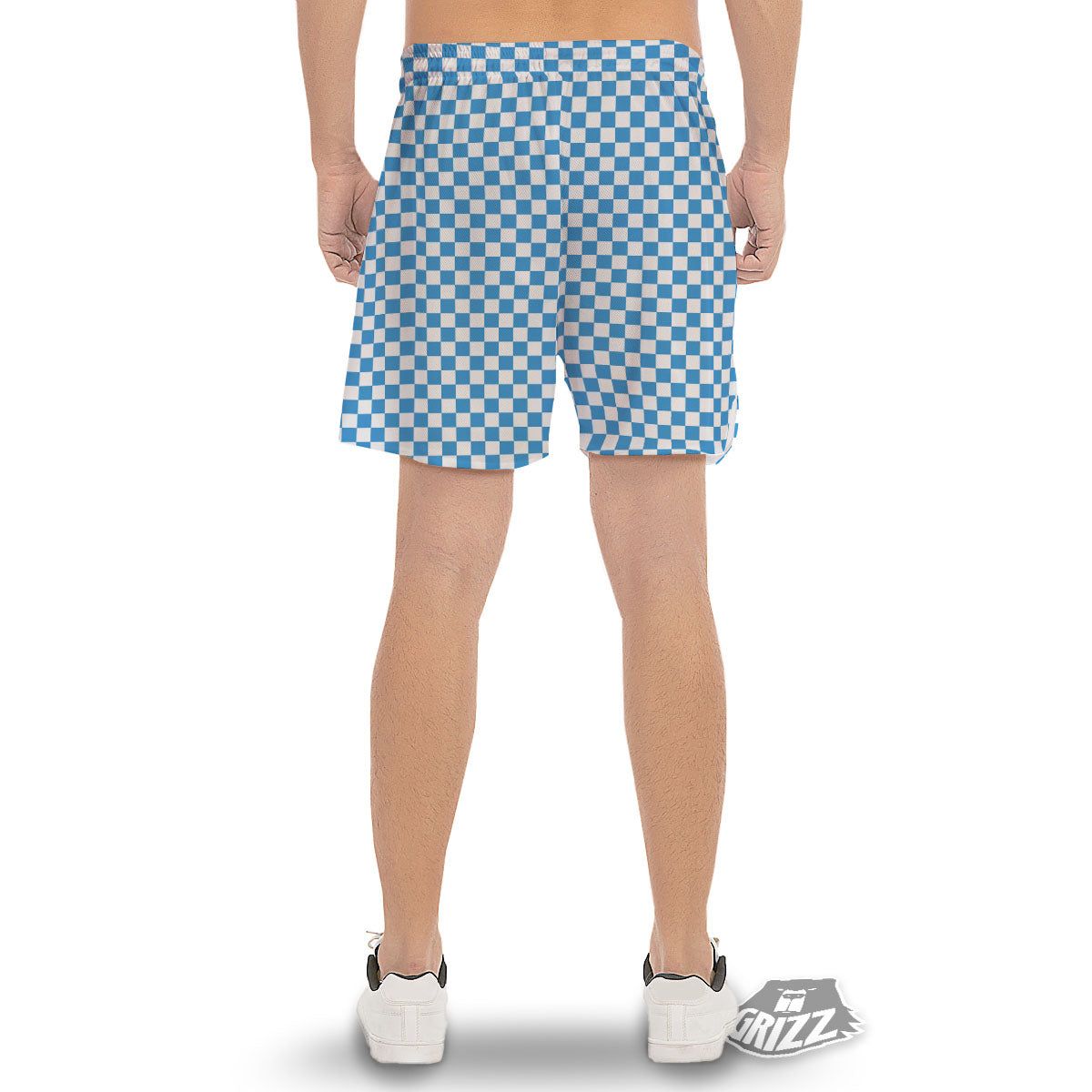 Checkered White And Blue Print Pattern Men's Gym Shorts-grizzshop