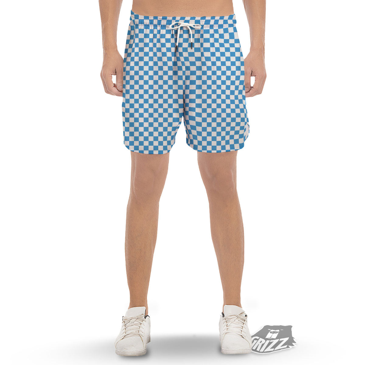 Checkered White And Blue Print Pattern Men's Gym Shorts-grizzshop