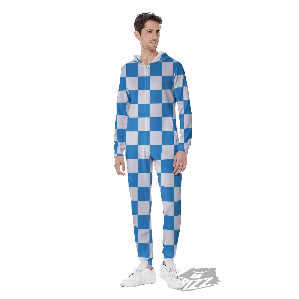 Checkered White And Blue Print Pattern Men's Jumpsuit-grizzshop