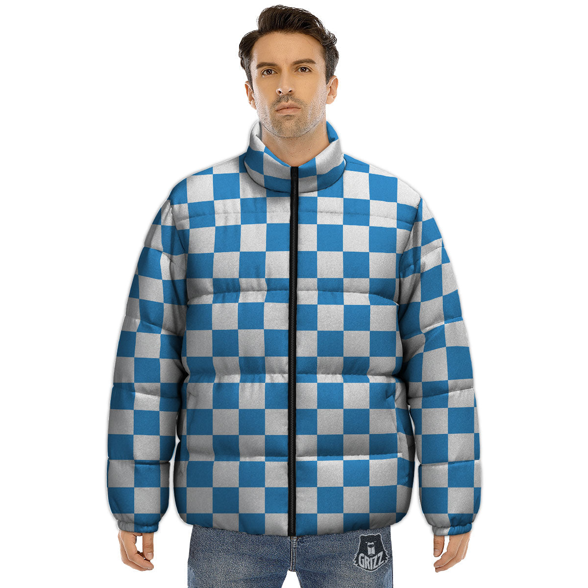 Checkered White And Blue Print Pattern Puffer Jacket-grizzshop