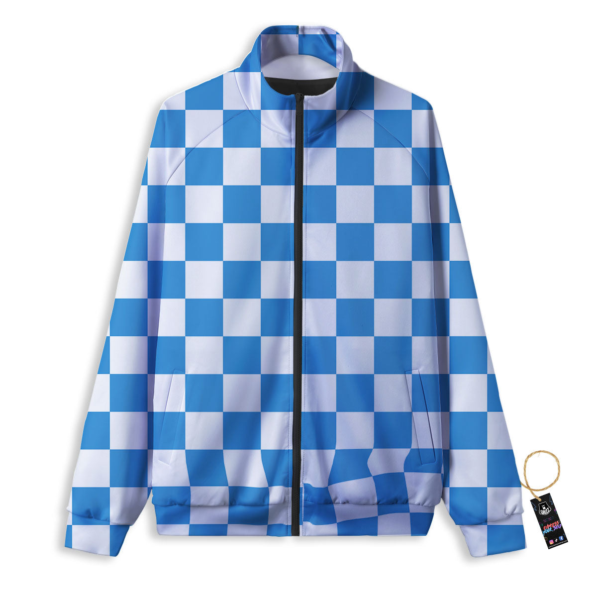 Checkered White And Blue Print Pattern Track Jacket-grizzshop