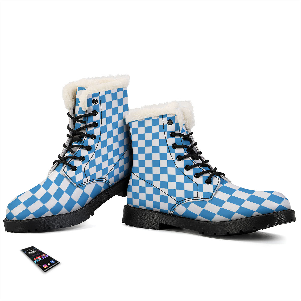 Checkered White And Blue Print Pattern Winter Boots-grizzshop