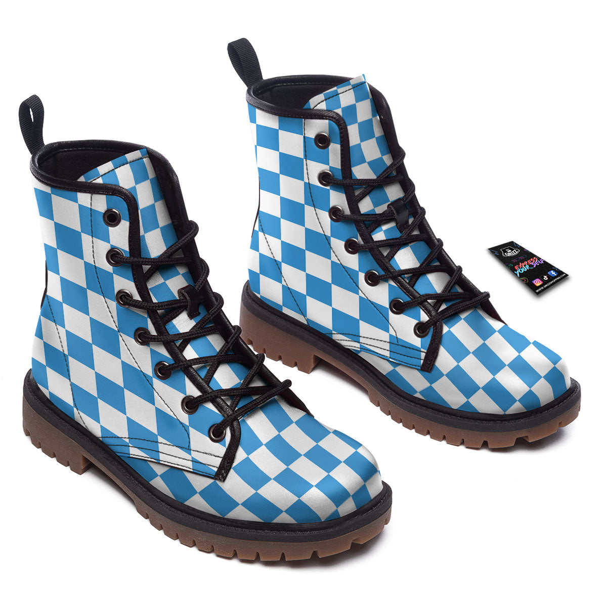 Checkered White And Blue Print Pattern Work Boots-grizzshop