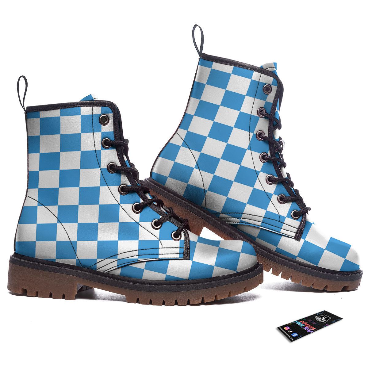 Checkered White And Blue Print Pattern Work Boots-grizzshop