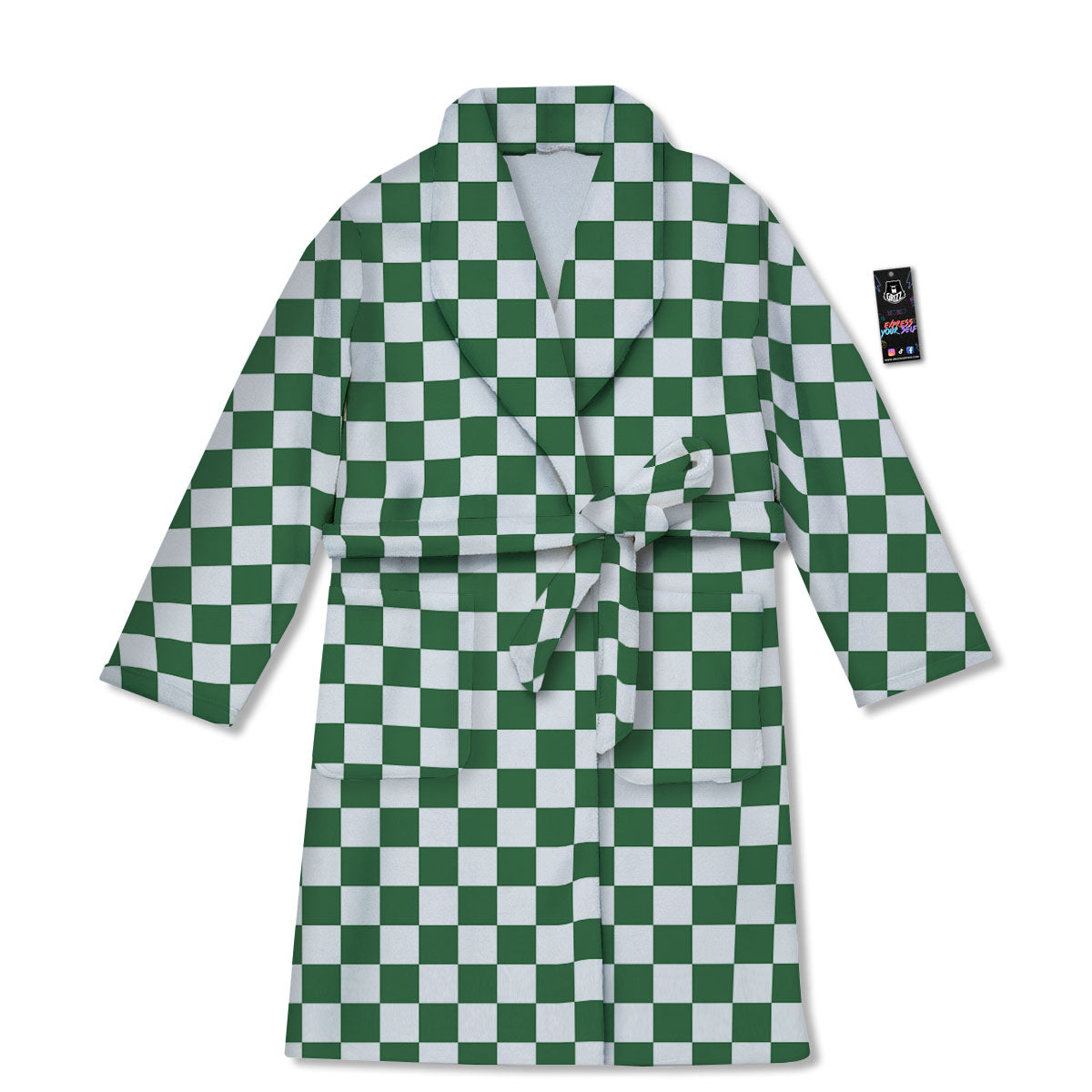 Checkered White And Green Print Pattern Bathrobe-grizzshop