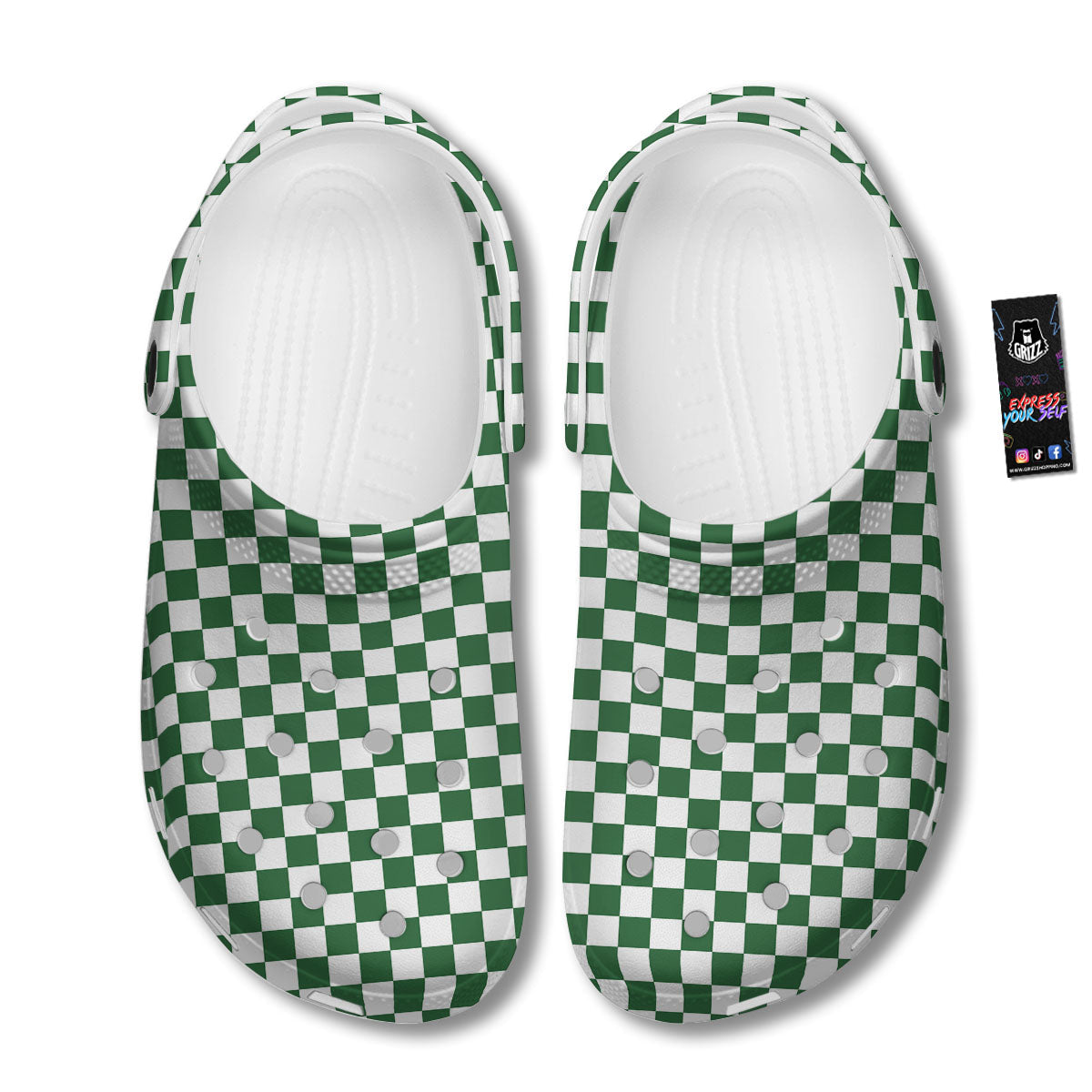 Checkered White And Green Print Pattern Clog-grizzshop