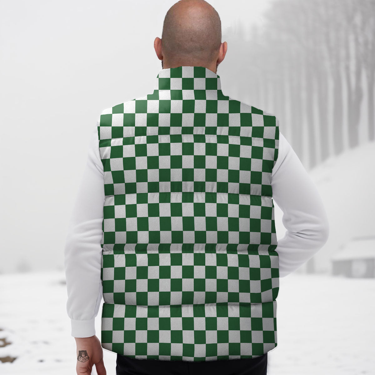Checkered White And Green Print Pattern Down Vest