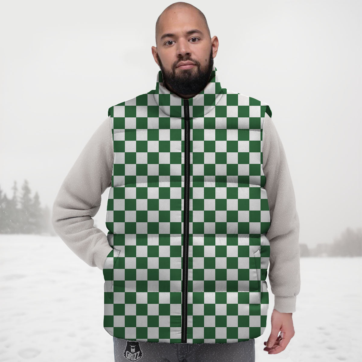 Checkered White And Green Print Pattern Down Vest