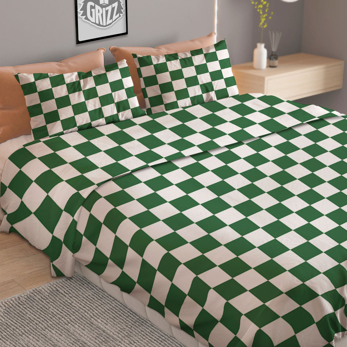 Checkered White And Green Print Pattern Duvet Cover Bedding Set