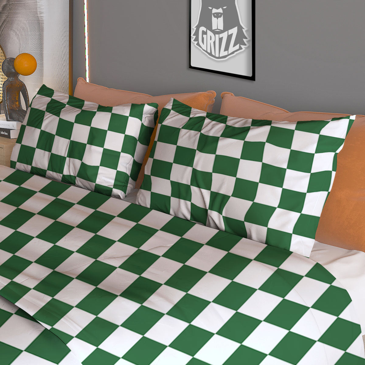 Checkered White And Green Print Pattern Duvet Cover Bedding Set