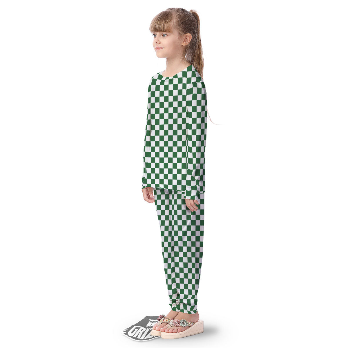Checkered White And Green Print Pattern Kid's Pajamas-grizzshop