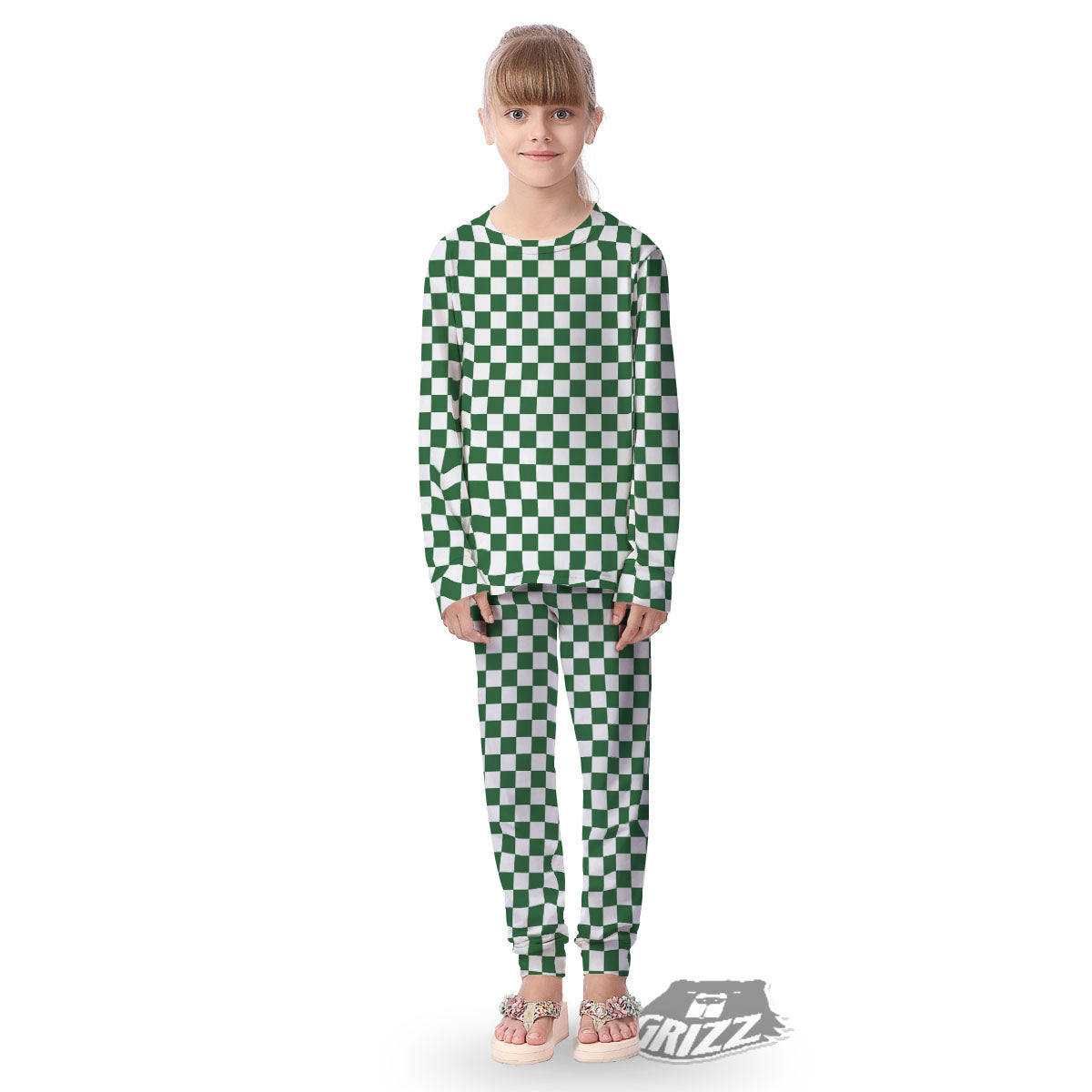 Checkered White And Green Print Pattern Kid's Pajamas-grizzshop