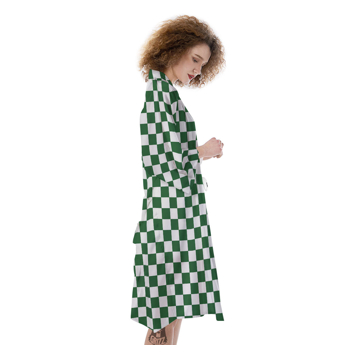 Checkered White And Green Print Pattern Kimono-grizzshop