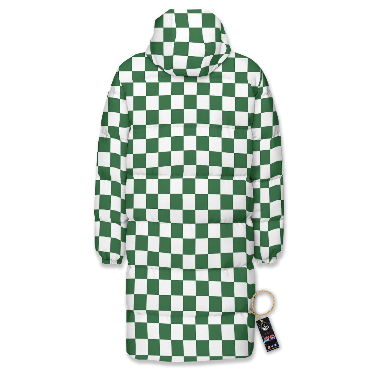 Checkered White And Green Print Pattern Long Down Jacket-grizzshop