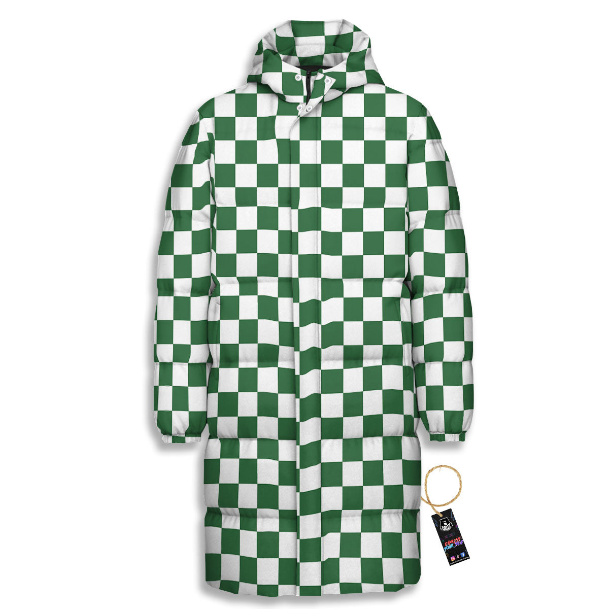 Checkered White And Green Print Pattern Long Down Jacket-grizzshop