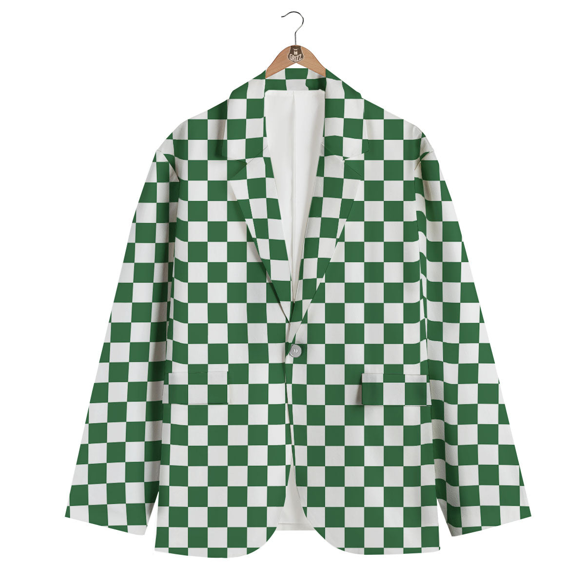 Checkered White And Green Print Pattern Men's Blazer-grizzshop