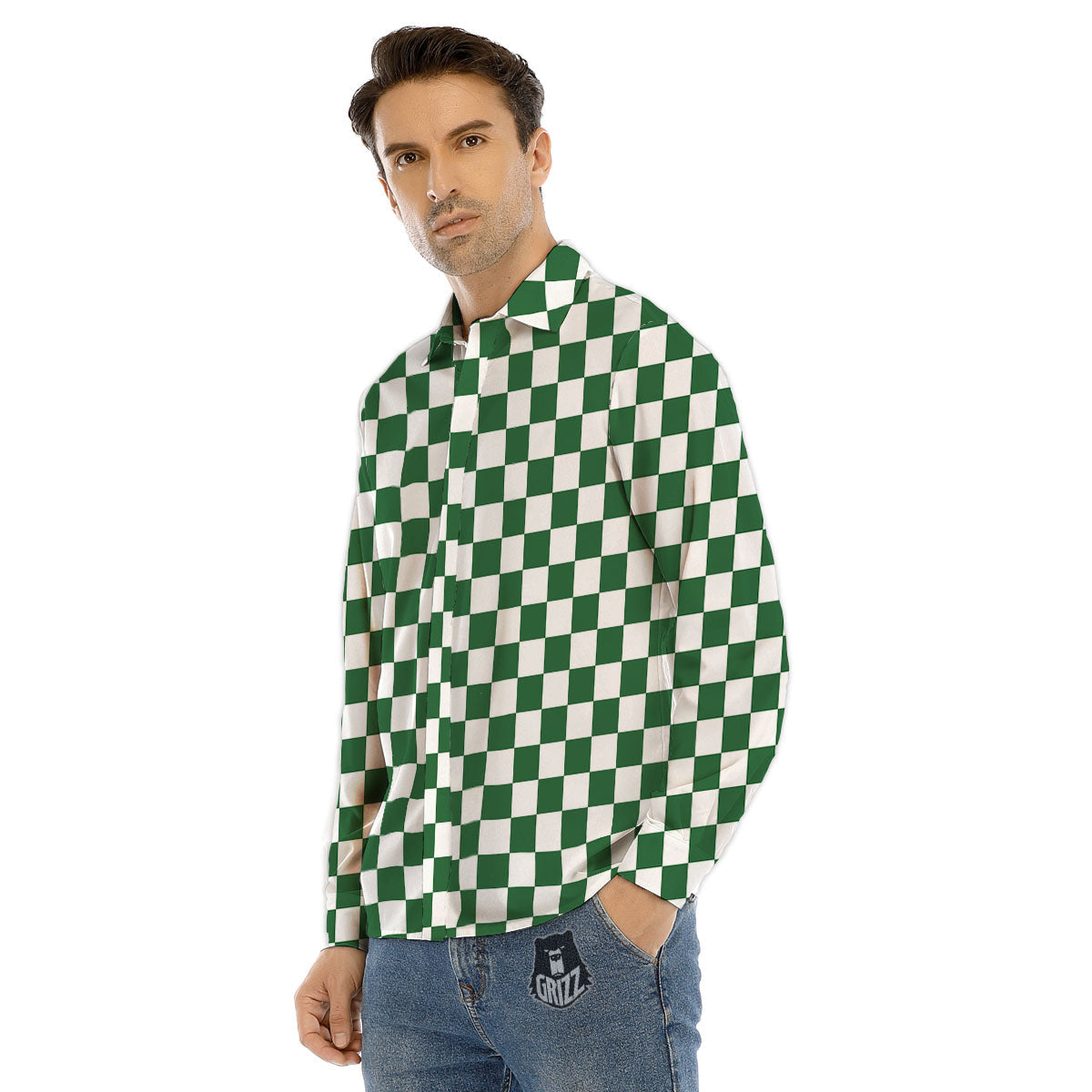 Checkered White And Green Print Pattern Men's Dress Shirts-grizzshop