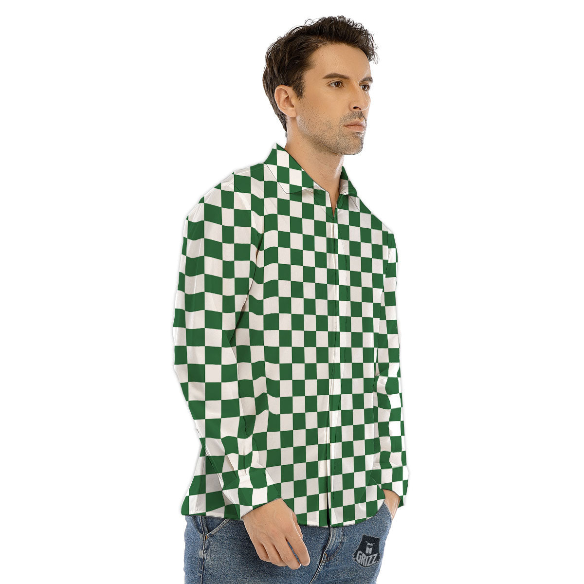 Checkered White And Green Print Pattern Men's Dress Shirts-grizzshop