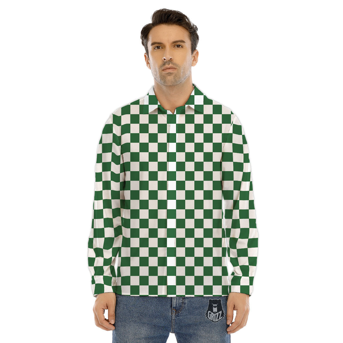 Checkered White And Green Print Pattern Men's Dress Shirts-grizzshop
