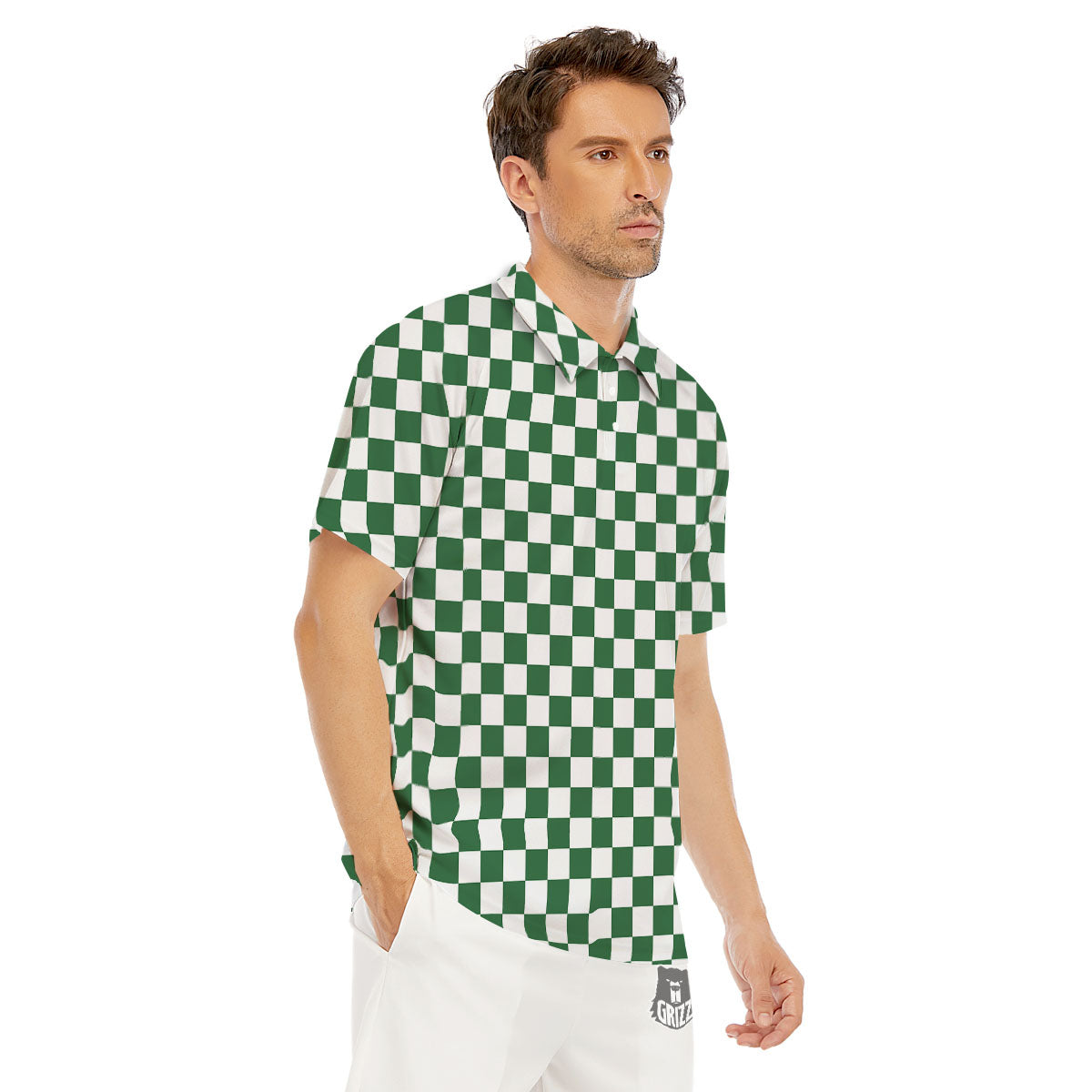 Checkered White And Green Print Pattern Men's Golf Shirts-grizzshop