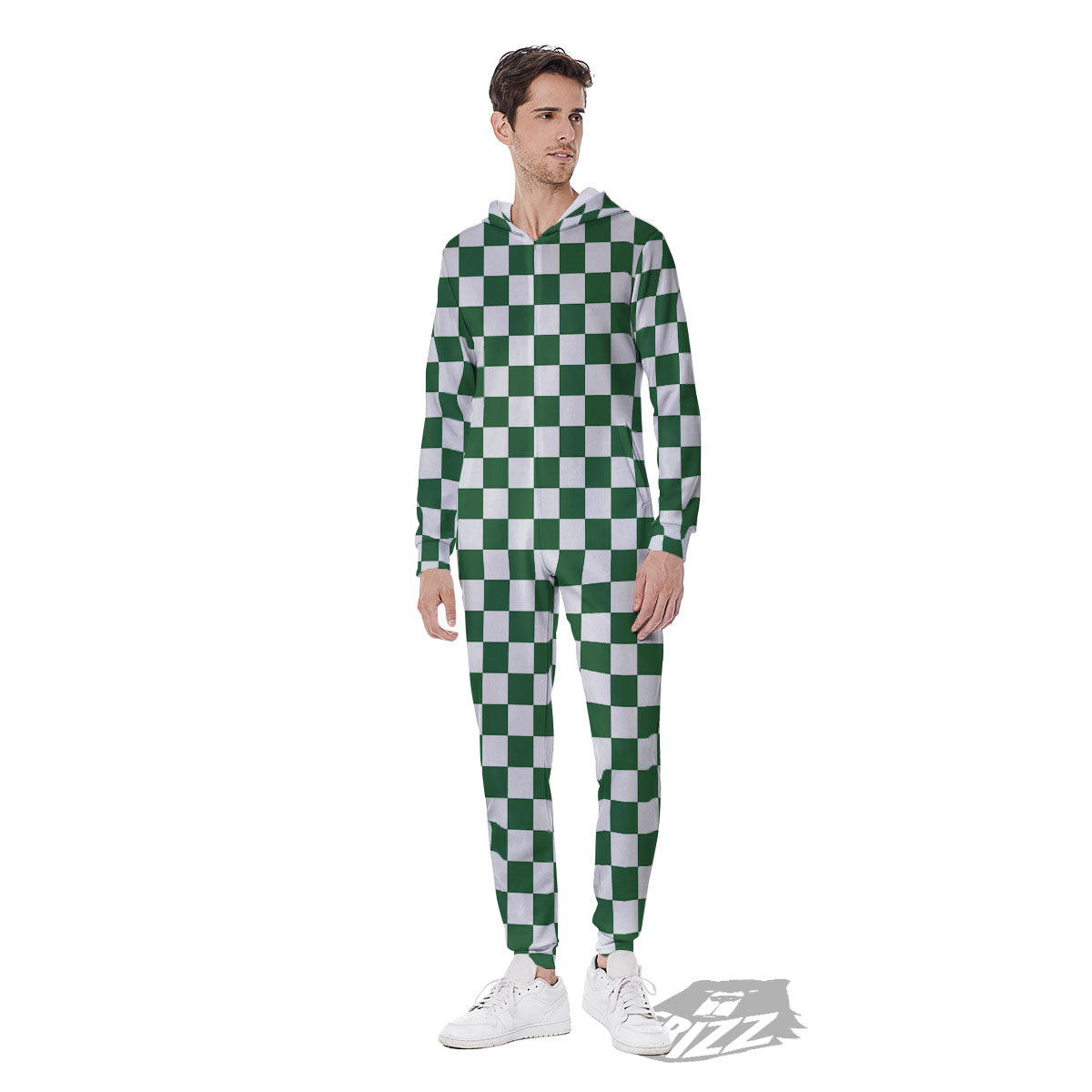 Checkered White And Green Print Pattern Men's Jumpsuit-grizzshop